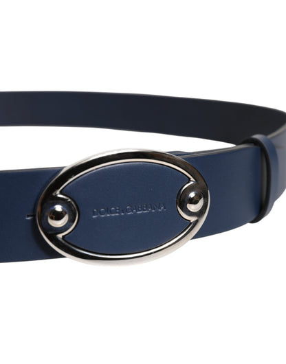 Blue Leather Classic Metal Logo Buckle Belt