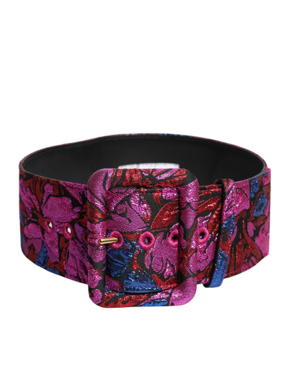 Multicolor Floral Jacquard Lurex Wide Waist Buckle Belt