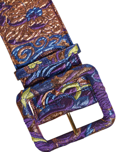 Multicolor Floral Jacquard Lurex Wide Waist Buckle Belt