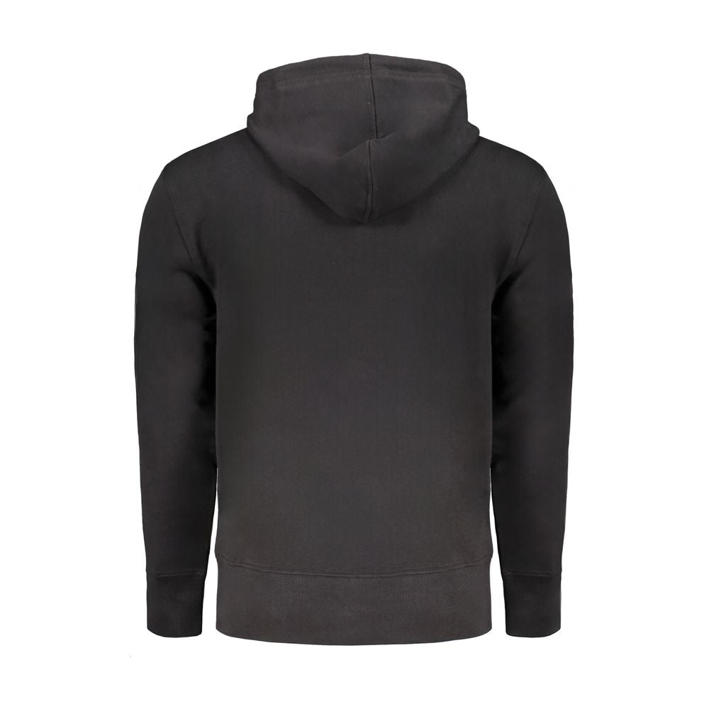 Black Cotton Men Sweater with Hood and Central Pockets