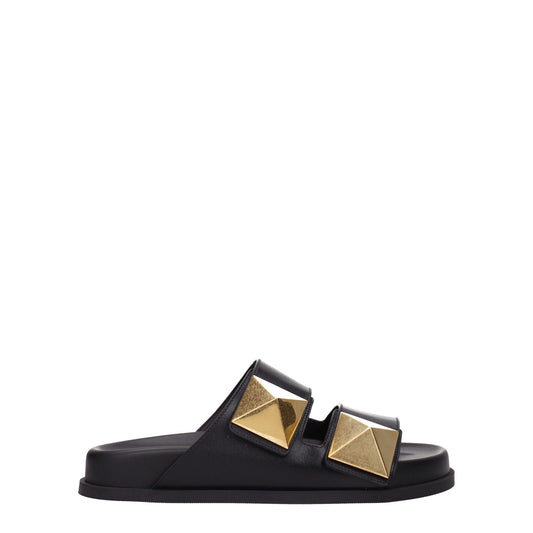 Black Leather Slippers Sandals