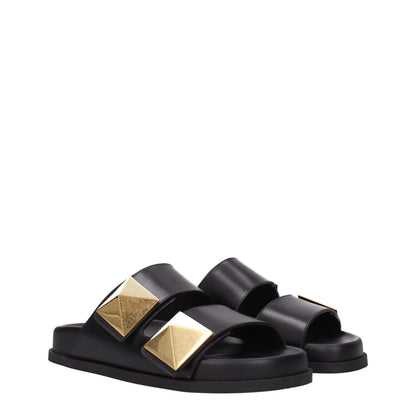 Black Leather Slippers Sandals