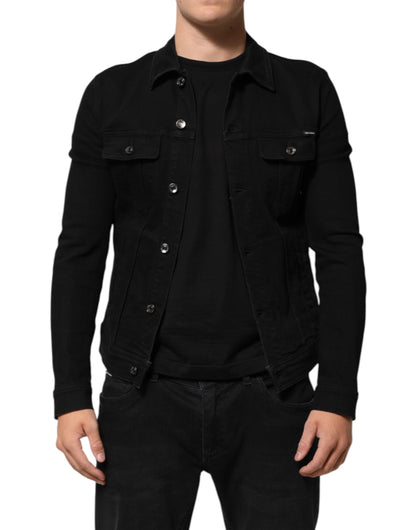 Black Cotton Denim Stretch Button Up Jacket