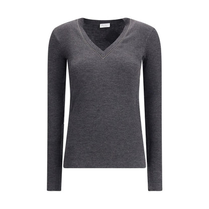 Long sleeve wool ribbed jersey T-shirt with shiny trim