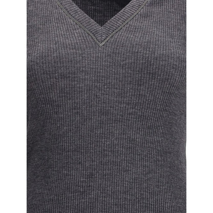 Long sleeve wool ribbed jersey T-shirt with shiny trim