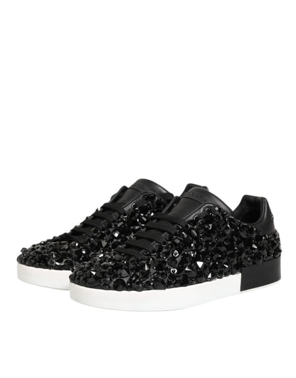 Black Leather Crystal Low Top Sneaker Shoes