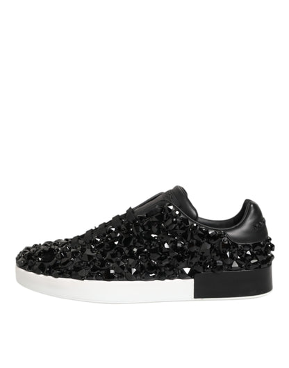 Black Leather Crystal Low Top Sneaker Shoes