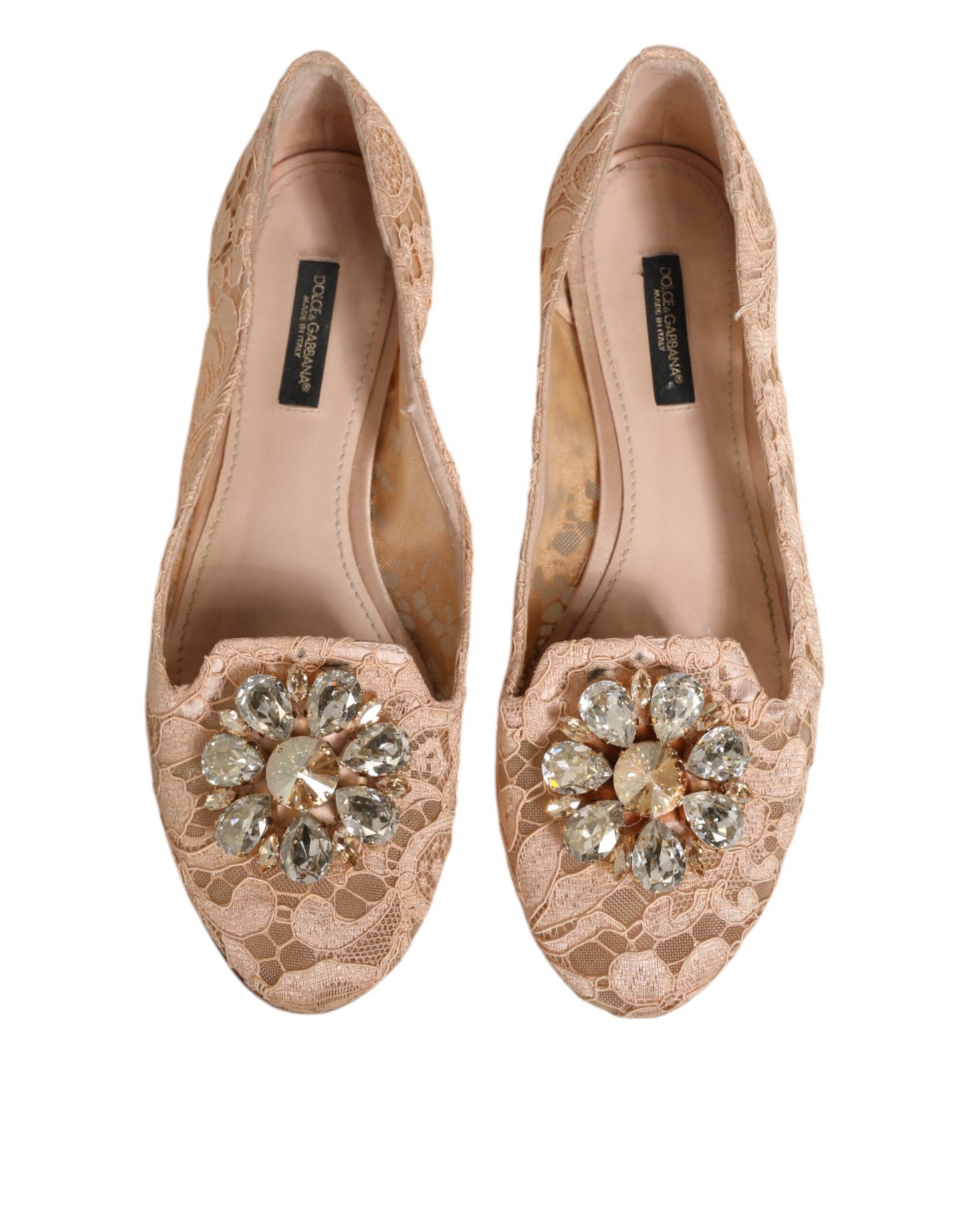Beige Taormina Lace Crystals Flats Shoes