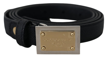 Black Leather Gold Logo Metal Buckle Belt