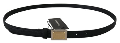 Black Leather Gold Logo Metal Buckle Belt