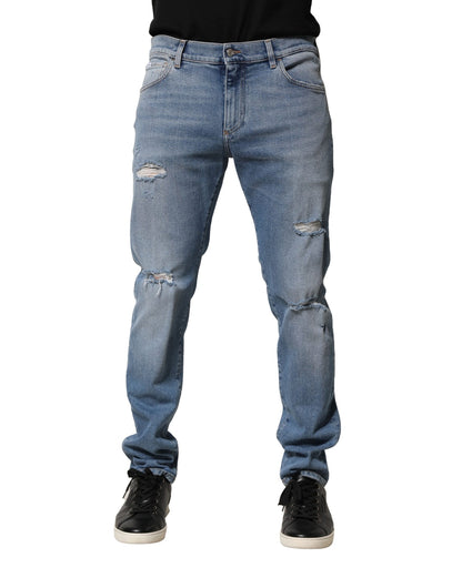 Blue Distressed Cotton Slim Men Denim Jeans