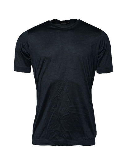 Blue Silk Crew Neck Short Sleeves Men T-Shirt
