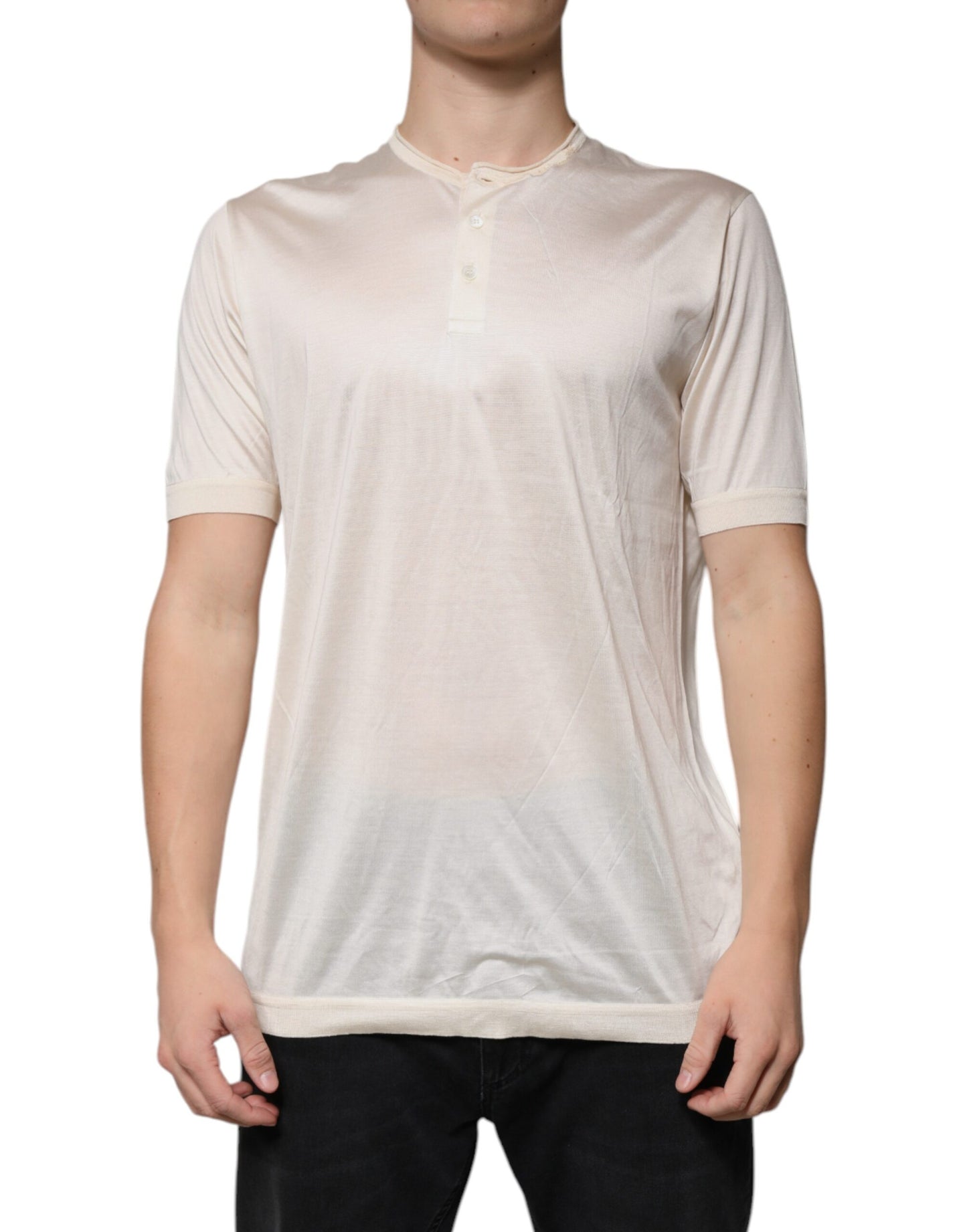 Off White Silk Henley Short Sleeves T-Shirt