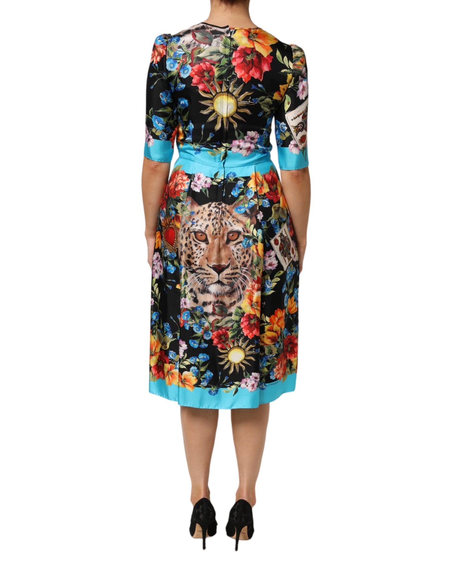 Black Leopard Floral Silk Sheath Midi Dress