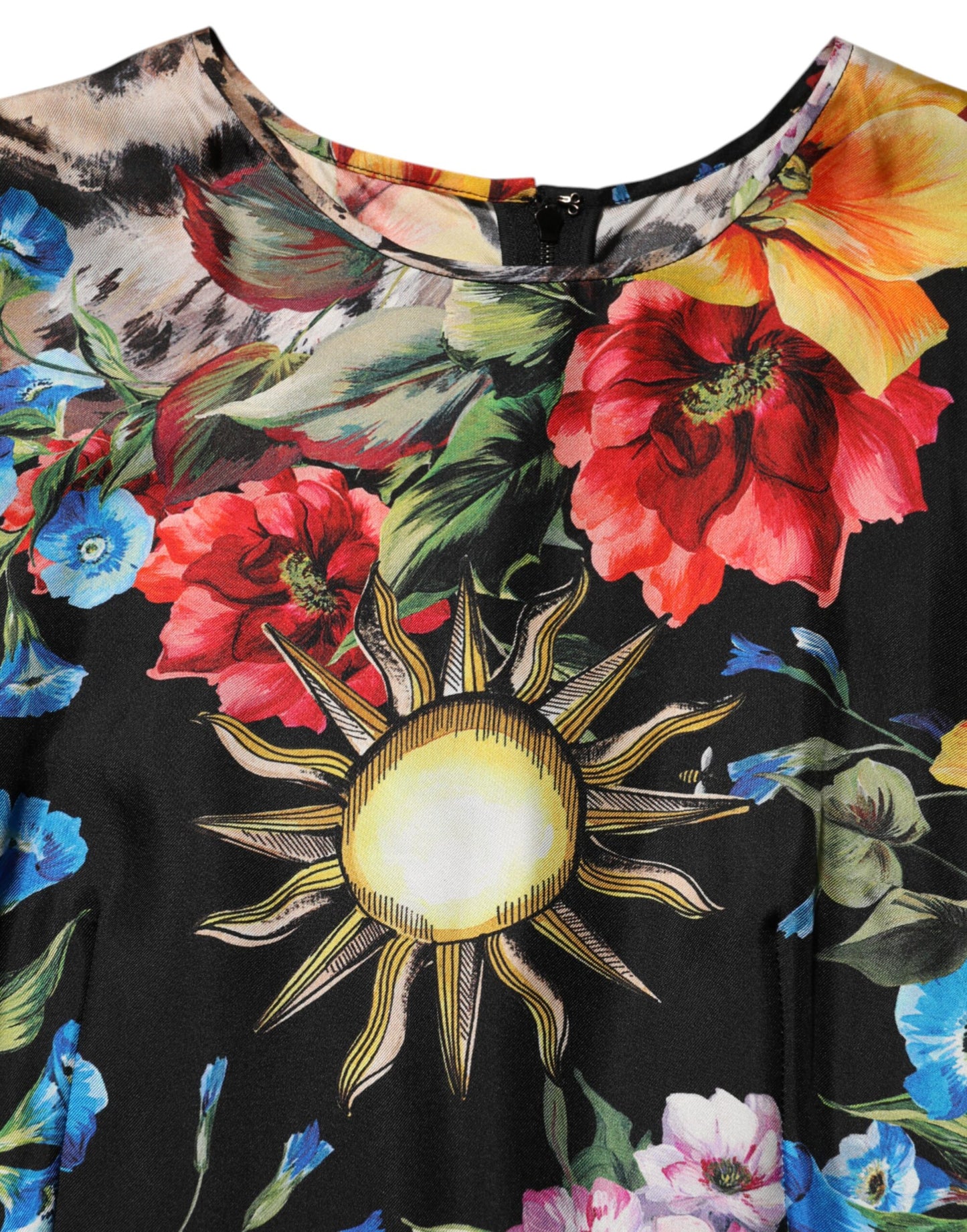 Black Leopard Floral Silk Sheath Midi Dress