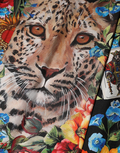 Black Leopard Floral Silk Sheath Midi Dress