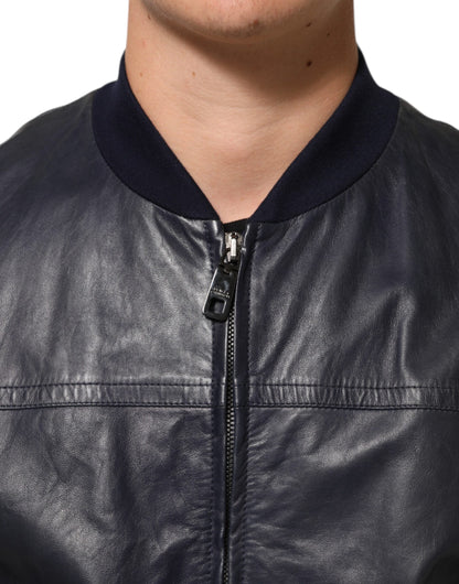 Blue Leather Full Zip Biker Blouson Jacket