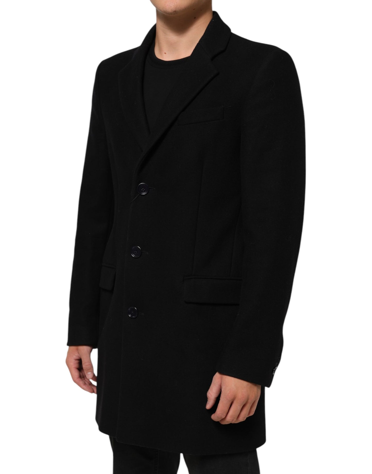 Black Wool Buttoned Men Trench Coat Jacket