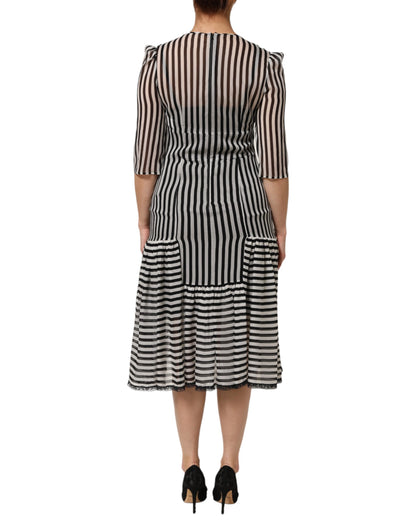 Black White Stripes Silk V-neck Midi Dress