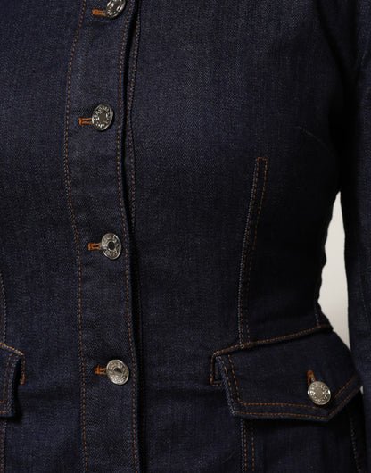 Dark Blue Cotton Collared Denim Coat Jacket