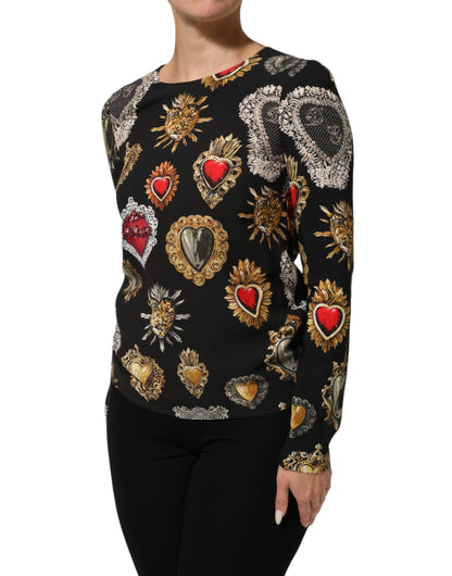 Black Sacred Heart Print Long Sleeves Top