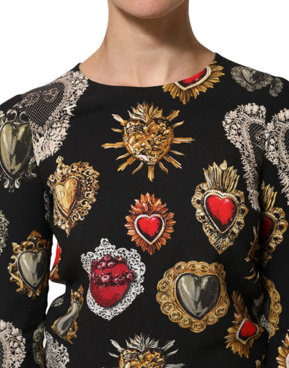 Black Sacred Heart Print Long Sleeves Top