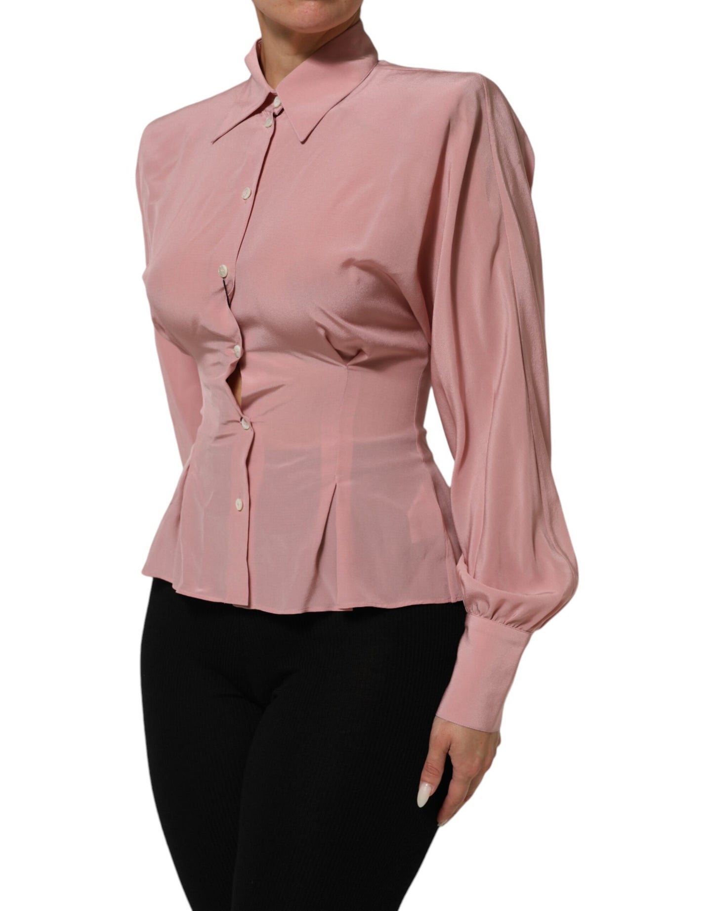 Pink Silk Collared Long Sleeves Blouse Top