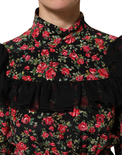 Black Floral Print Long Sleeve Blouse Top