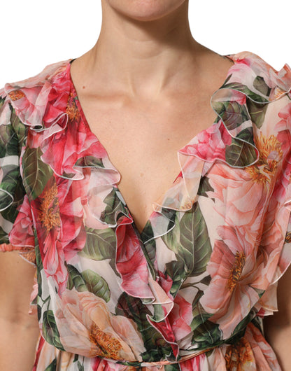 Pink Camellias Printed Silk V-neck Blouse Top