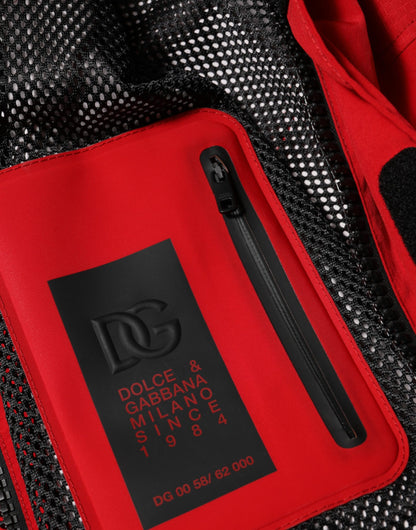 Red Nylon Hooded Men Full Zip Parka Jacket