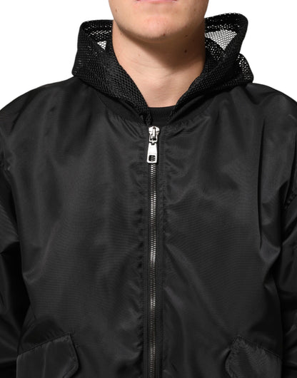 Black Nylon Hooded Full Zip Bomber Men Jacket