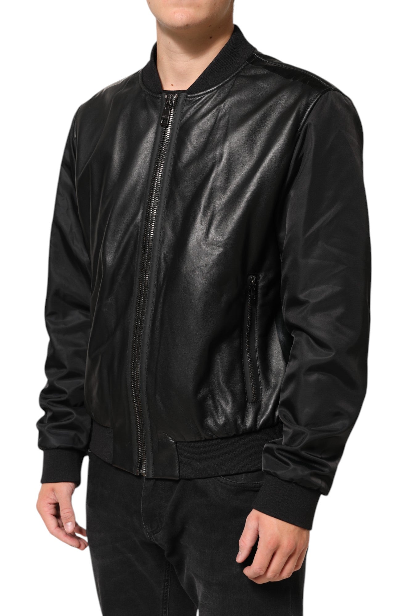 Black Leather Nylon FullZip Blouson Jacket