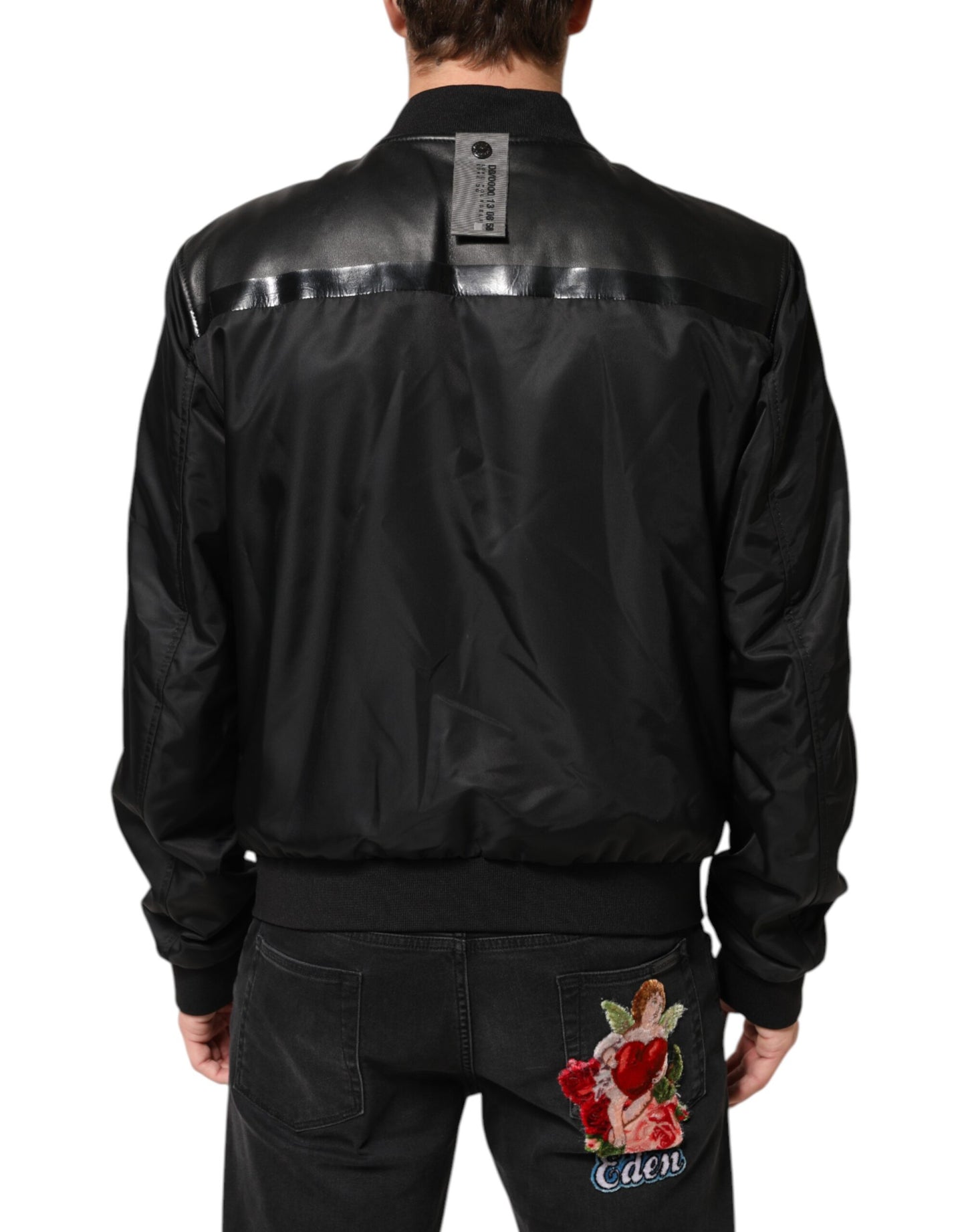 Black Leather Nylon FullZip Blouson Jacket