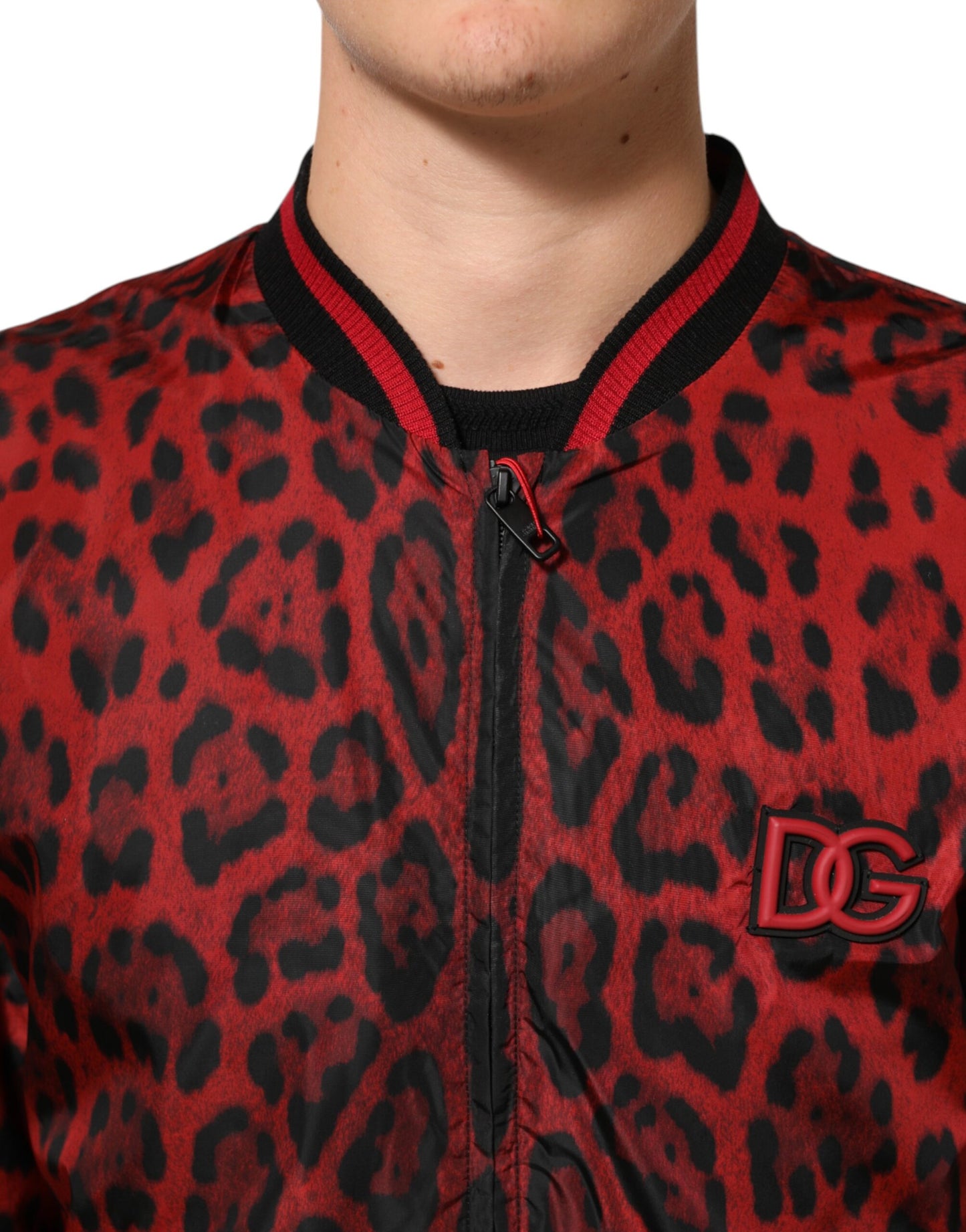 Red Leopard Print Full Zip Bomber Men Jacket