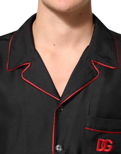 Black Red Contrast Trim Silk Casual Shirt