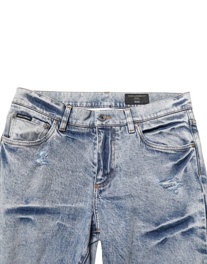 Blue Tattered Cotton Slim Fit Men Denim Jeans