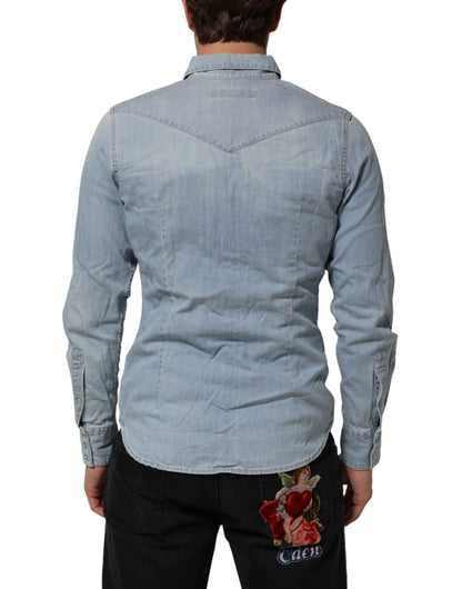 Blue Denim Collared Long Sleeve Men Shirt