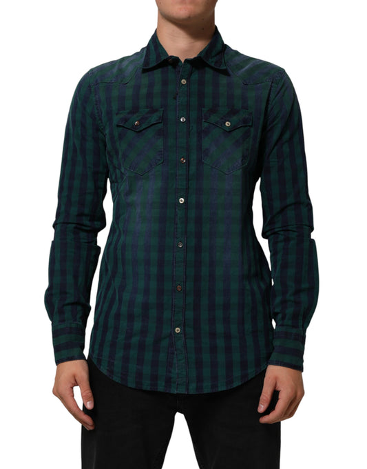 Green Checkered Cotton Button Down Long Sleeves Shirt