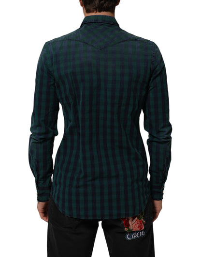 Green Checkered Cotton Button Down Long Sleeves Shirt