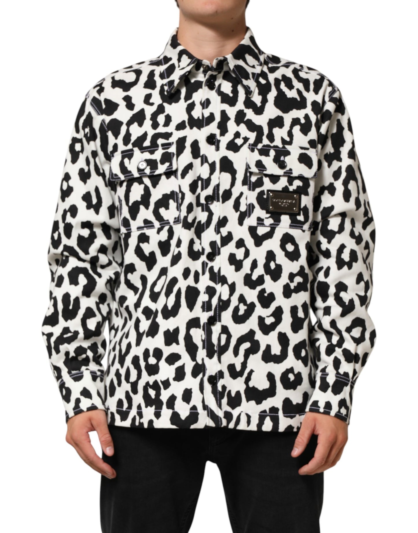 Black White Leopard Denim Blouson Sweater