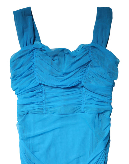 Blue Mesh Trim Ruched Tulle Sheath Dress
