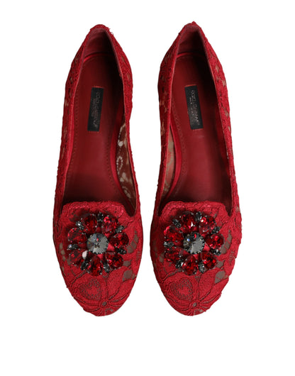 Red Lace Crystal Ballet Flats Loafers Shoes