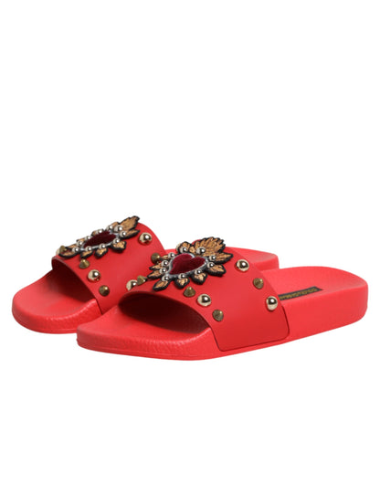 Red Sacred Heart Stud Slides Beachwear Shoes