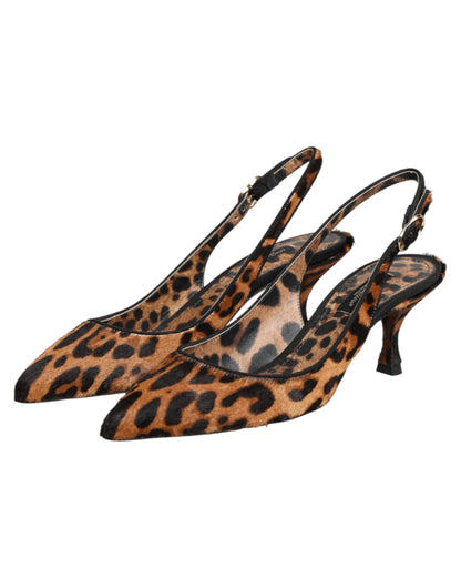 Brown Leopard Calfskin Fur Slingbacks Shoes