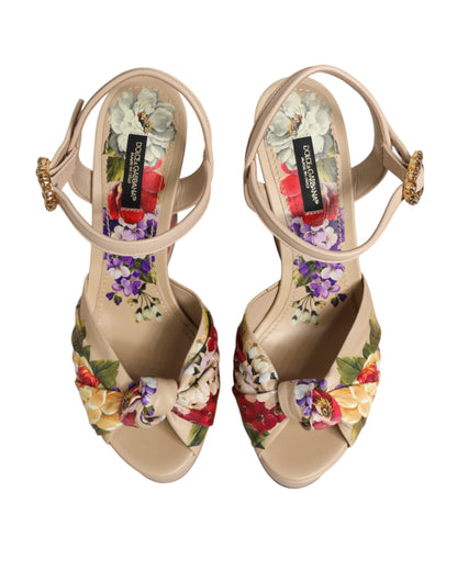 Beige Floral Ankle Strap Wedge Sandals Shoes