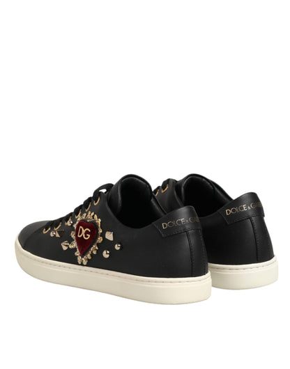 Black Leather Sacred Heart Sneakers Shoes