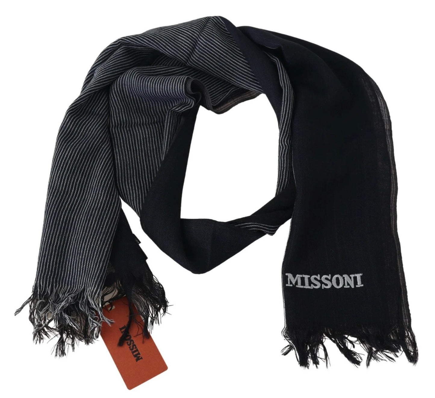 Black Striped Wool Unisex Neck Wrap Fringes Logo Scarf